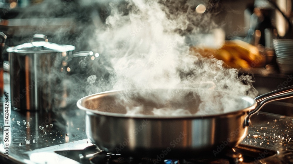 Steaming pot on stove in modern kitchen Steaming pot on stove in modern kitchen