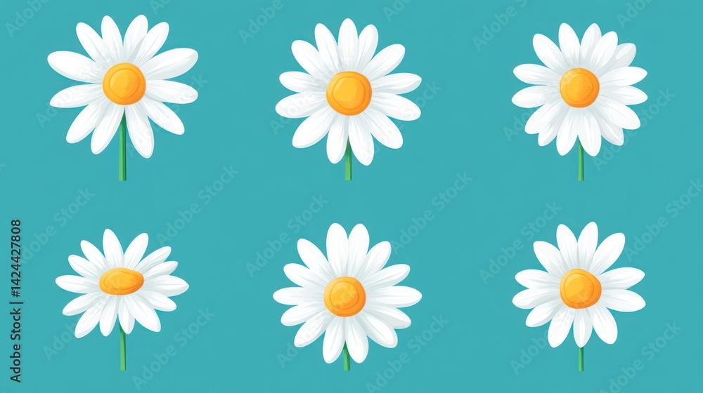 Six daisies, various angles, teal background, floral design Six daisies, various angles, teal background, floral design