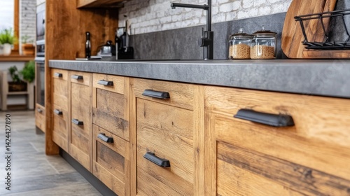 Rustic kitchen cabinets with a gray countertop.