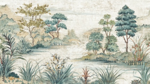 An antique wallpaper with a chinoiserie landscape and plants in cream, beige color