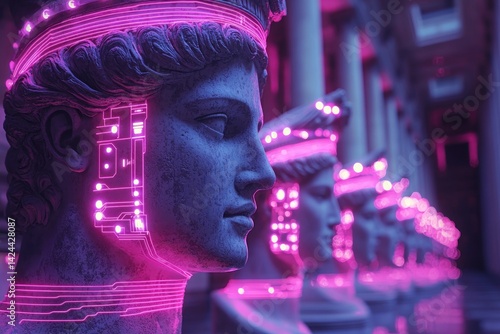 Futuristic Stone Busts with Glowing Digital Interface Overlay Artwork