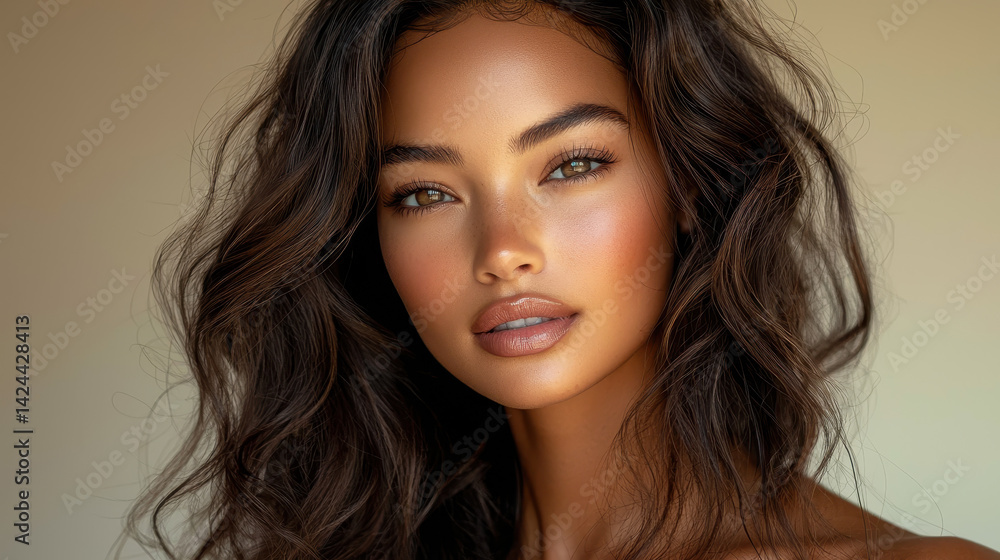 Fototapeta premium Model showcases freshly dyed hair in natural tones reflecting hypoallergenic palette 'Nature without Risk' in soft lighting