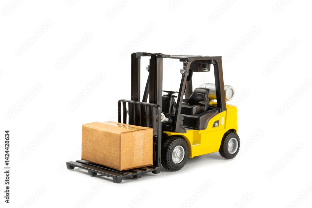 Yellow forklift isolated on white background. Logistics concept. Logistics and supply chain management for online shopping concept. Delivery of goods or products to the store worldwide. Cardboard box. Yellow forklift isolated on white background. Logistics concept. Logistics and supply chain management for online shopping concept. Delivery of goods or products to the store worldwide. Cardboard box.