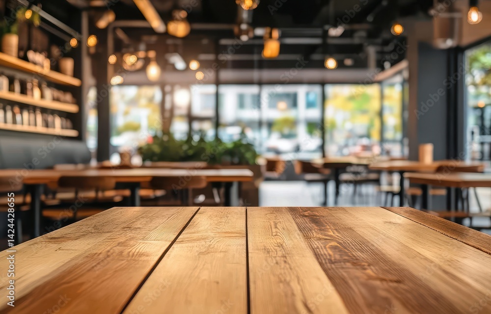Wooden cafe table, blurred interior