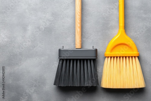 Two Cleaning Brooms on Grey Background