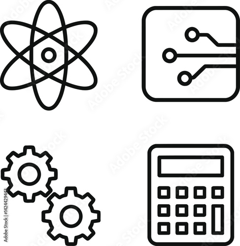 Minimalist STEM Icons  Black and White Educational Line Drawings of Science and Technology Symbols

