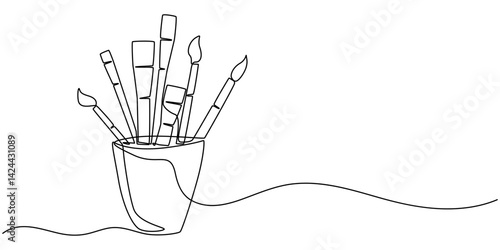 Continuous one line drawing of pencils and brushes in a glass. Brush and pencils in single line draw illustration. Editable stroke, Stationery container with pencil, pens, rulers outline drawing. 