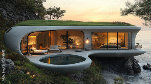 Wallpaper Mural A stunningly realistic image of a nature-integrated, high-end villa seamlessly embedded into the coastal landscape. Generative AI Torontodigital.ca