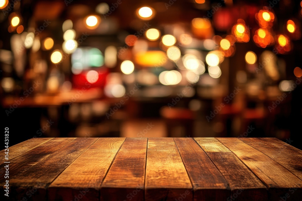 Wooden table in a dimly lit restaurant