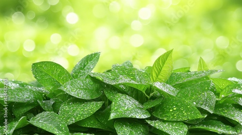 Fresh green leaves with water droplets, nature background