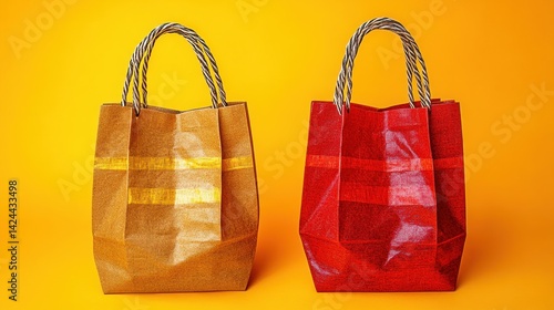 Two colorful shopping bags on vibrant yellow background