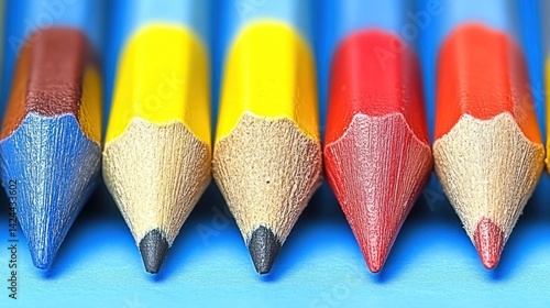 Colorful pencils arranged in a row on a blue surface
