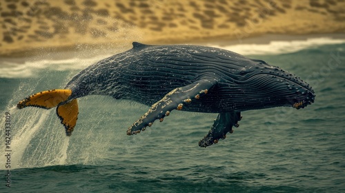 Humpback whale leaping in ocean waves, sandy beach background. Possible use wildlife photography