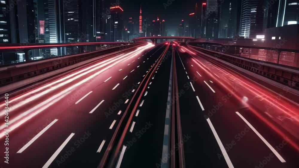 Time-lapse video of car light trails on empty multilane highway at night in futuristic city. Concept of speed, energy and motion in urban space