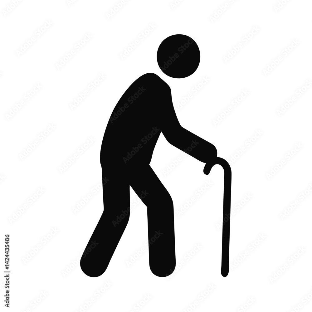 Elderly man walking with a cane silhouette on a white background