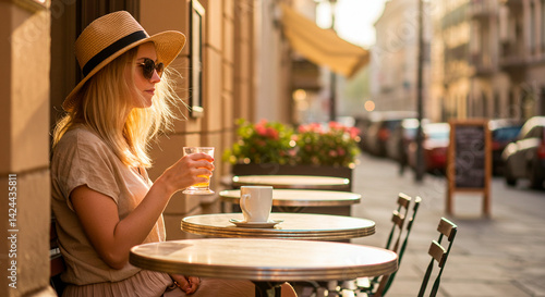 Stylish woman enjoying a drink on a sunlit cafe terrace, wearing sunglasses and a hat.