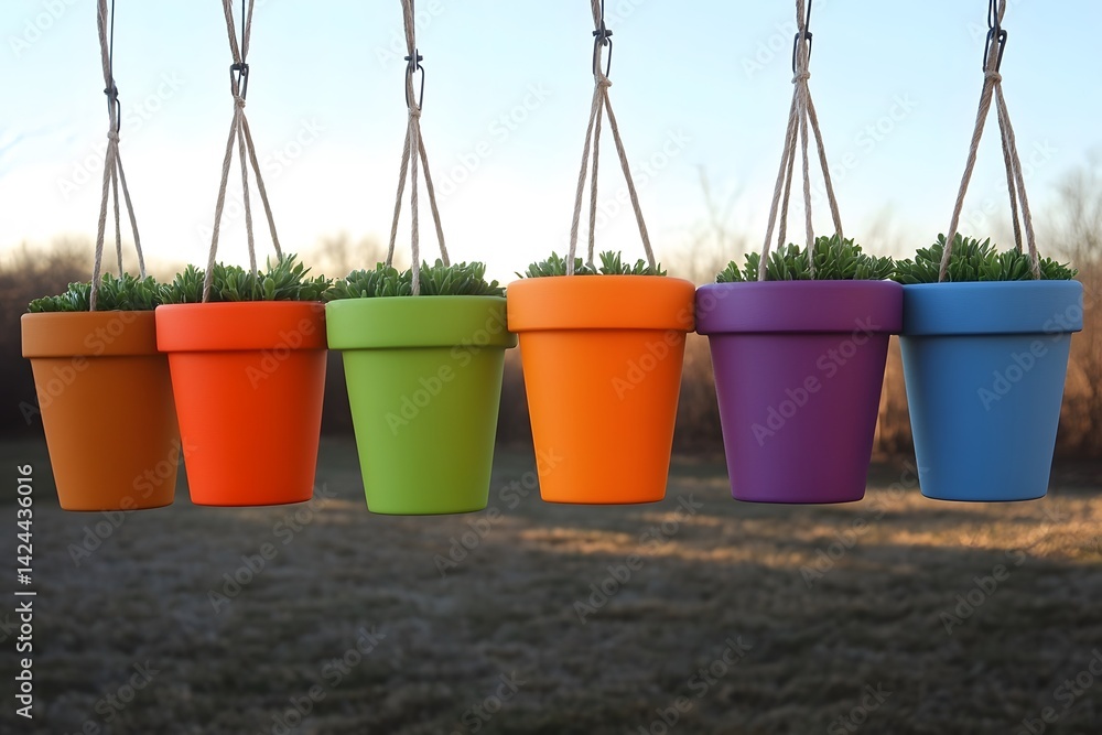 Naklejka premium Vibrant Colorful Hanging Planters with Succulents