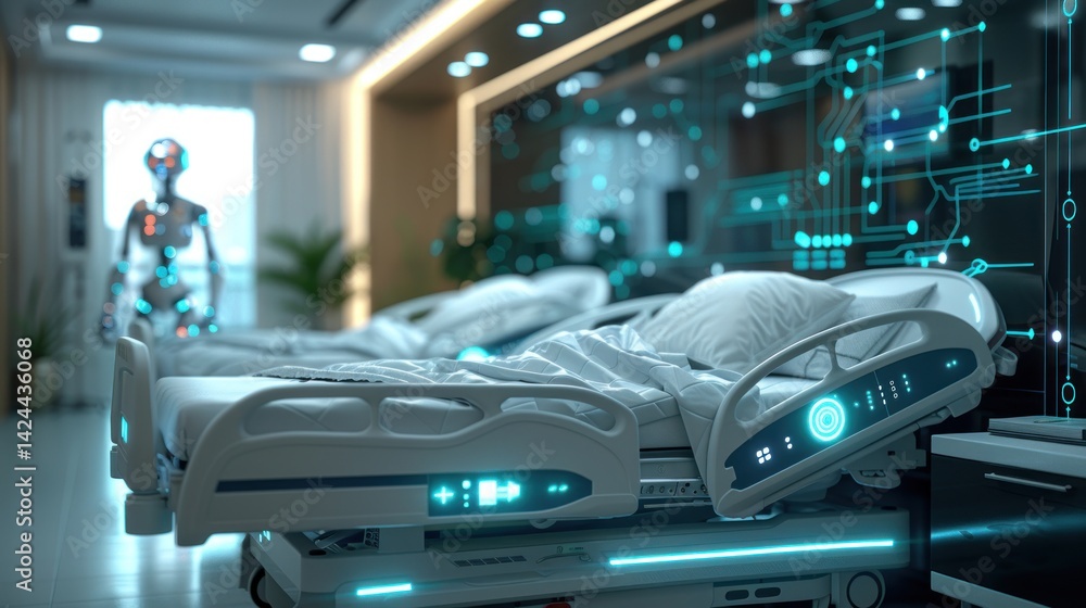 Futuristic hospital room with medical beds and robotic assistant. Futuristic hospital room with medical beds and robotic assistant.