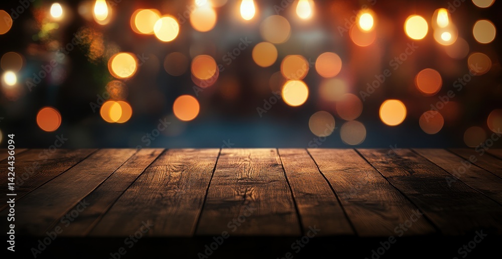 Wooden tabletop with warm bokeh lights