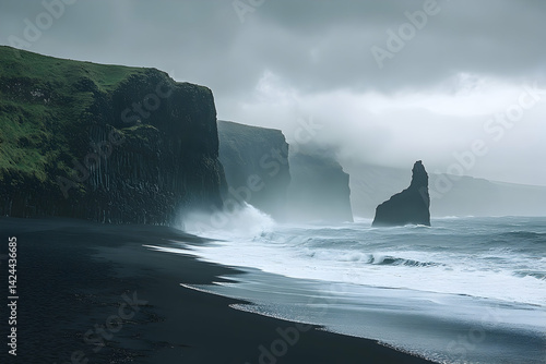Dramatic Icelandic black sand beach landscape under a stormy sky.