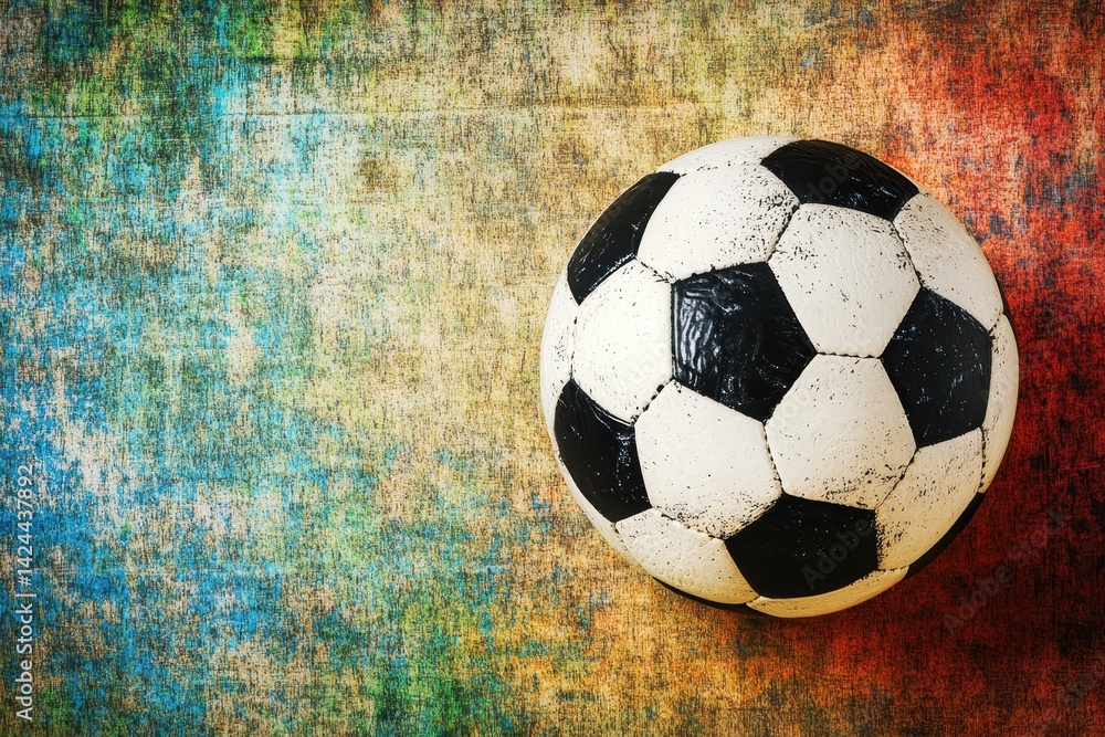 Worn soccer ball on colorful textured surface