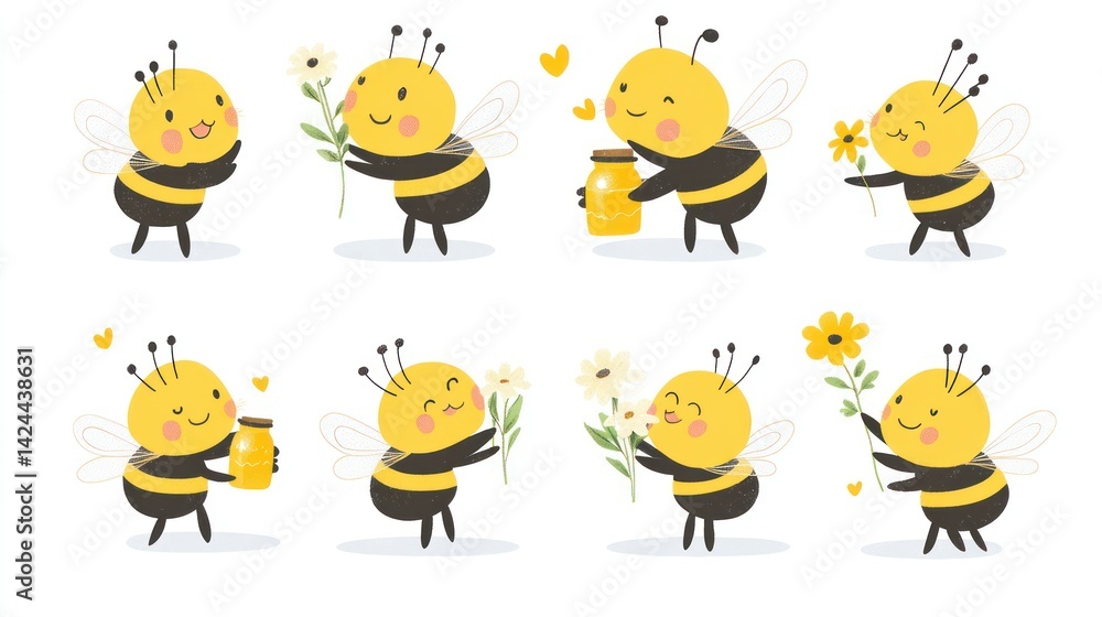 Fototapeta premium Cute bees collecting pollen & honey