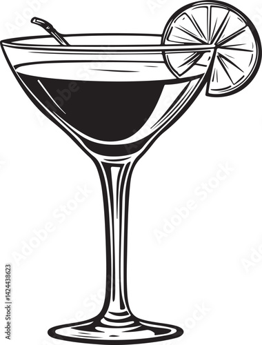 Cocktail Drink Glass Silhouette Vector Illustration on Transparent Background