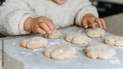 Child decorating freshly baked cookies
