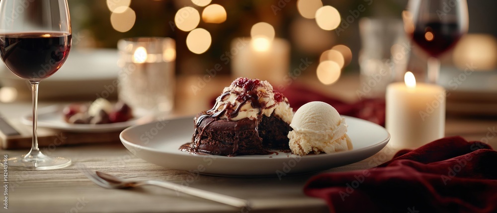 Fototapeta premium Plate of chocolate cake with a scoop of vanilla ice cream on top. the cake is drizzled with chocolate sauce and topped with a dollop of whipped cream and a drizzle of red sauce.