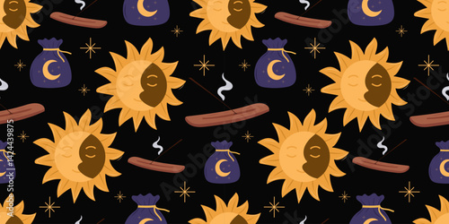 
Sun and moon seamless pattern with celestial faces, burning incense sticks, magical moon pouches, sparkles, and stars on black background — ideal for boho witchy designs, astrology-inspired fabrics.