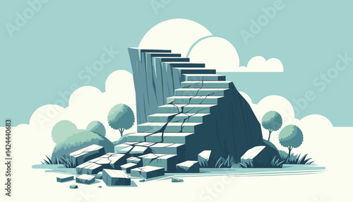 Stone Staircase Vector illustration – Stylish Art of Broken Steps Leading Up a Hill