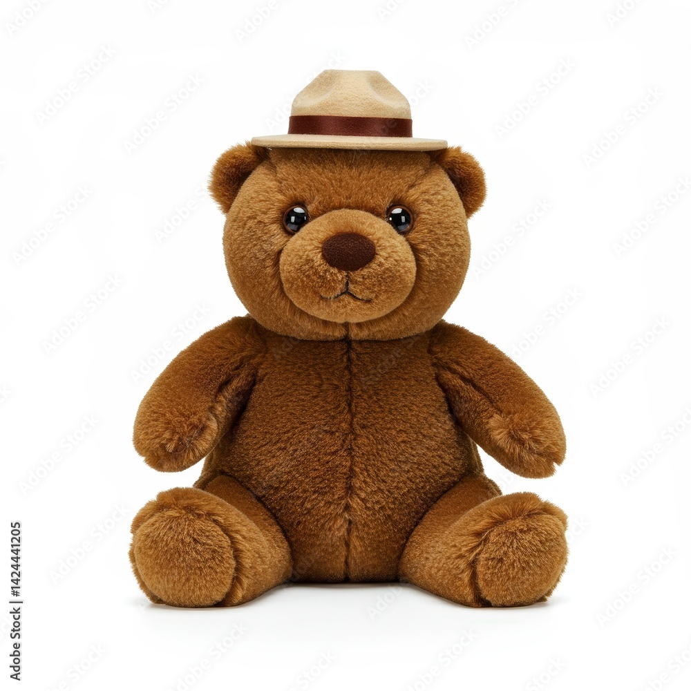Obraz premium Plush grizzly bear wearing a hat sits comfortably, ready for adventure in a cozy setting