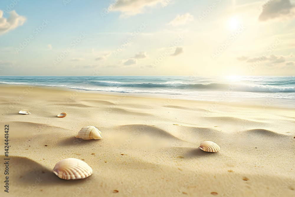 Seaside serenity at sunrise, with shells on the golden sand. Seaside serenity at sunrise, with shells on the golden sand.