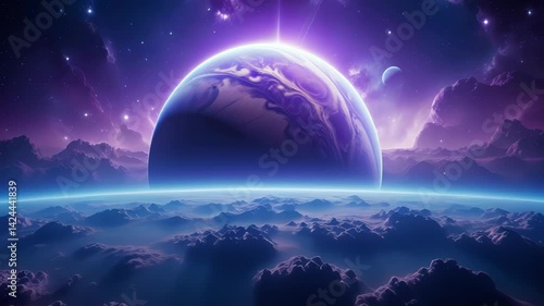 Wallpaper Mural Distant glowing planet rises above horizon with soft purple light and layered clouds. Concept of alien world and peaceful cosmic view Torontodigital.ca