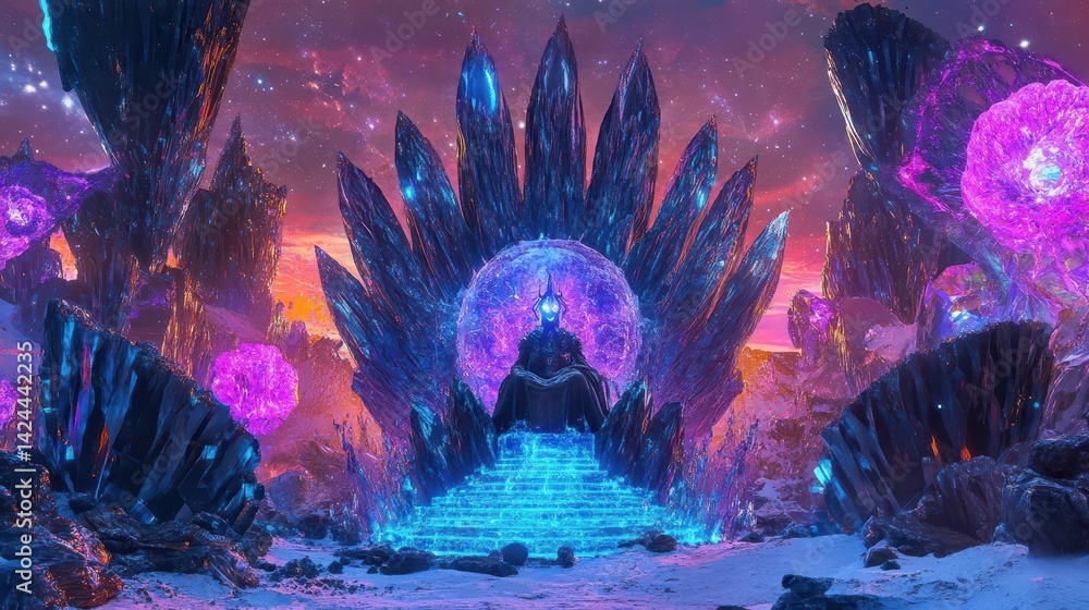 Fototapeta premium A crystalline throne in a fantastical, otherworldly landscape.