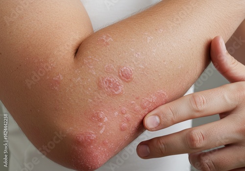 Close-up of plaque psoriasis on elbow, raised patches covered in silvery-white scales. Suitable for dermatology, healthcare, and autoimmune condition concepts