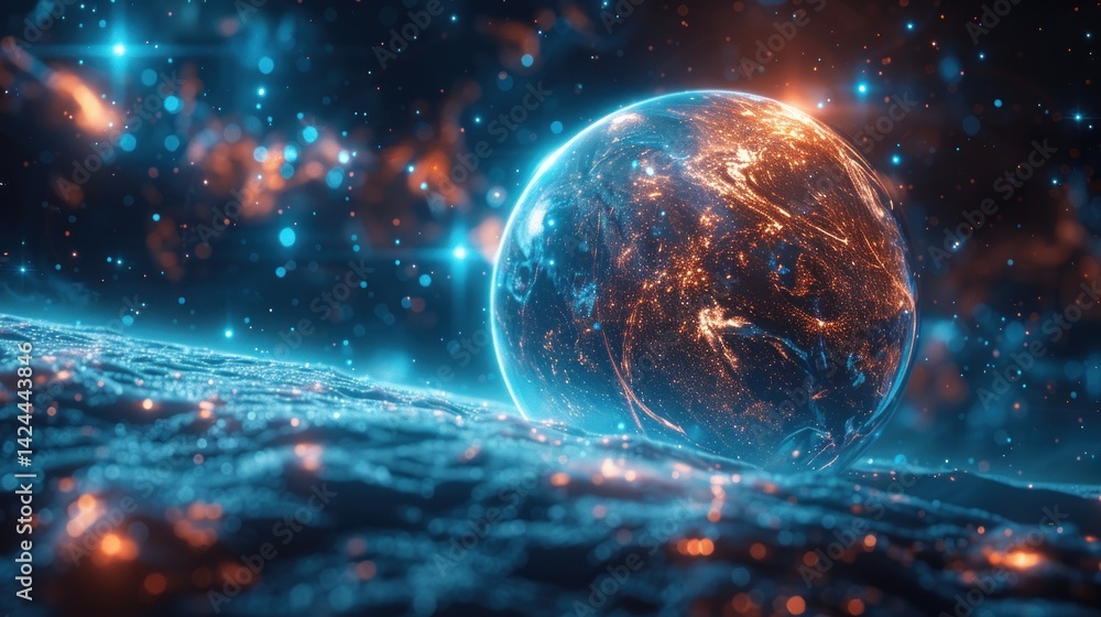 Futuristic planet Earth in space with vibrant glowing particles. Futuristic planet Earth in space with vibrant glowing particles.