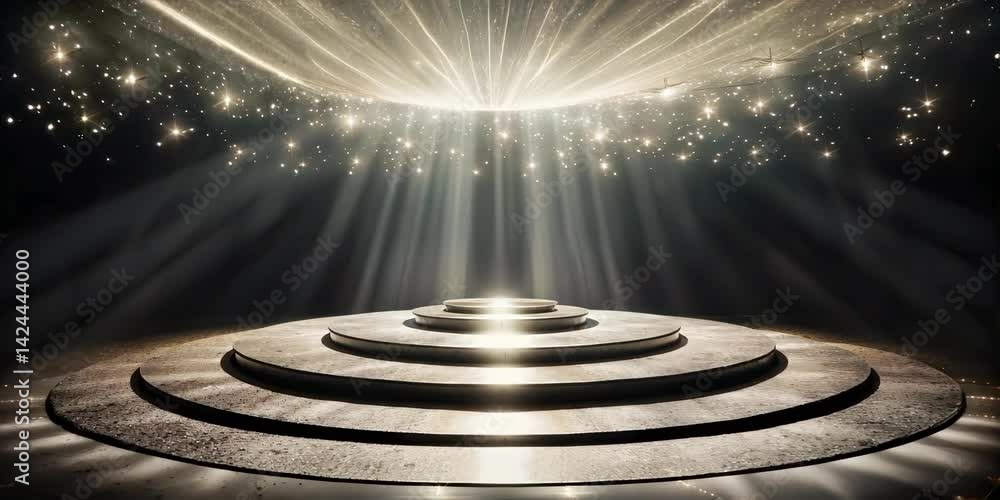 Golden Spotlight on Empty Stage Podium, Sparkling Lights Background. Awards Ceremony, Presentation, Show Concept. 4K Video Animation Footage.