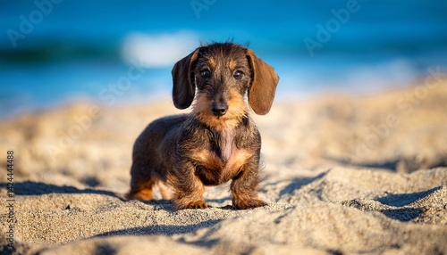 A happy wire-haired dachshund puppy on the beach in a sunny day