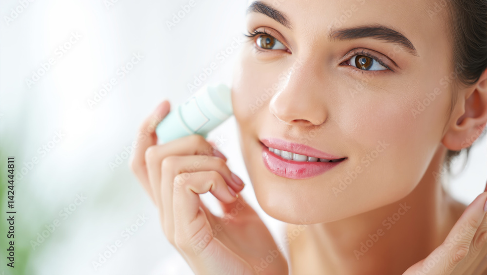 Smiling woman applies cosmetic stick product to face skin for daily beauty routine. Skincare treatment, hydration, and self-care concept. Smiling woman applies cosmetic stick product to face skin for daily beauty routine. Skincare treatment, hydration, and self-care concept.