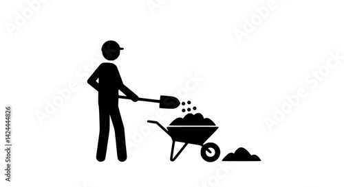 Black and white icon of man shoveling into wheelbarrow