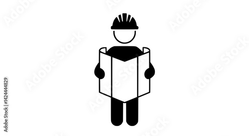 Black and white icon showing architect with building plans