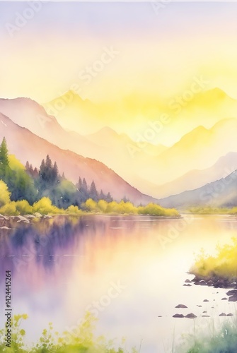 The quiet tranquil river in the mountain valley in the morning, reflections of trees and mountains in the river water