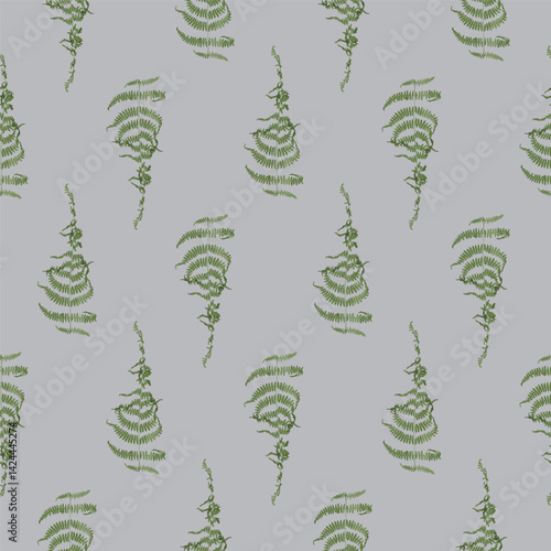 Seamless pattern with dried green fern leaves on gray background. Wild forest plant wallpaper. Boho botanical texture. Ecological and natural design.