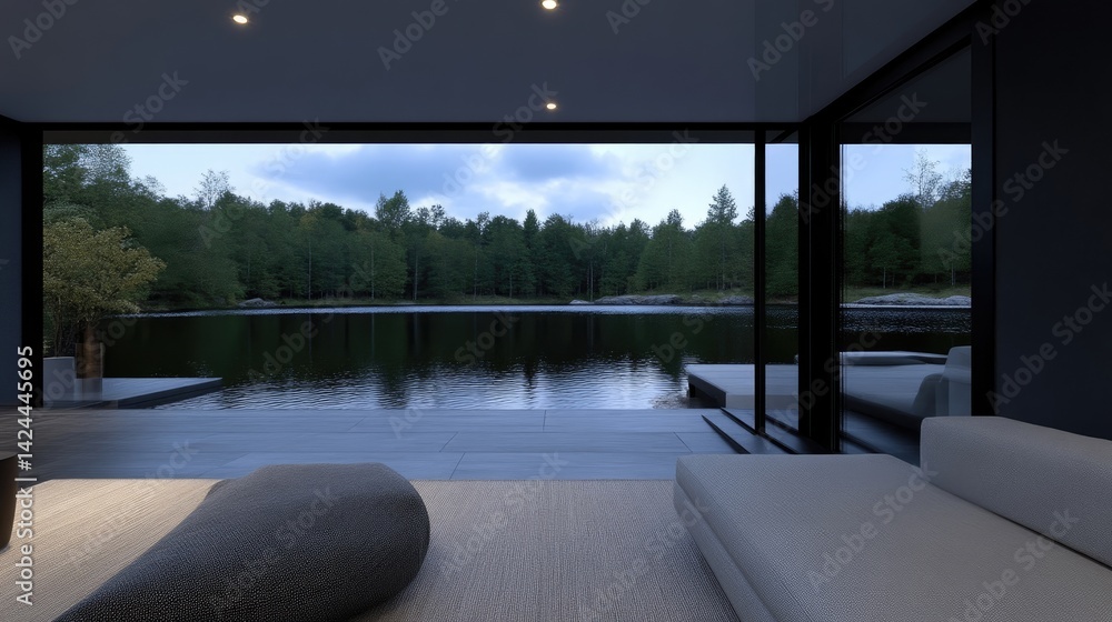 Fototapeta premium Modern minimalist living room with large glass windows overlooking a calm lake and dense green forest at dusk.