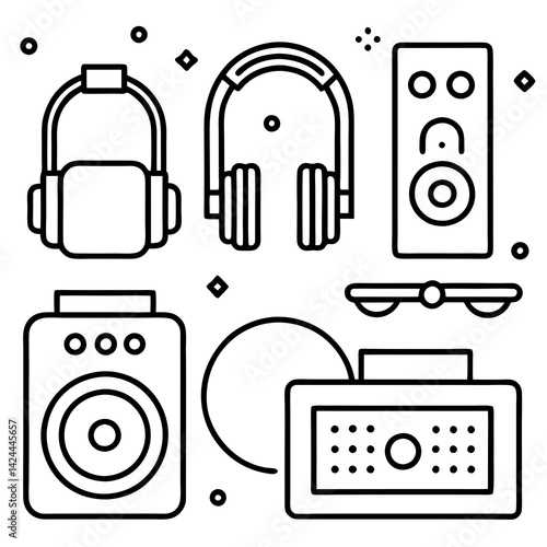 Line Art Audio Equipment Set Illustration Black and White