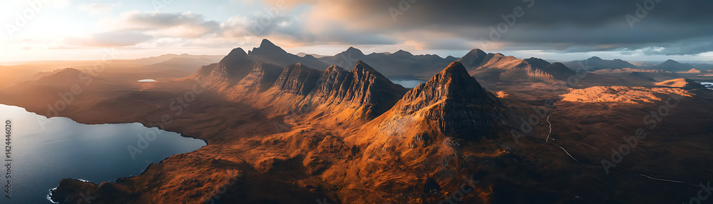 Naklejka premium Panoramic aerial view of the Scottish Highland landscape, with high mountains and glens along the Atlantic Ocean on the left side, Scottish Highlanders in the background, sunset light on the mountain.