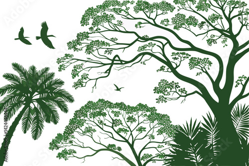 34 Top-down view of trees, aerial perspective, botanical illustration, green foliage, symmetrical patterns, diverse tree species, tropical and temperate trees, circular shapes, lush canopy, detailed b