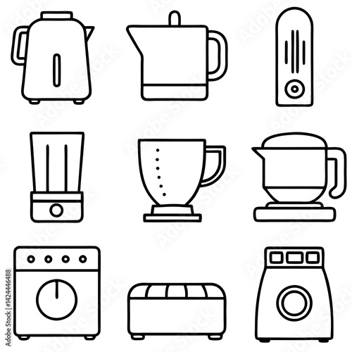 Collection of kitchen and laundry appliances line art