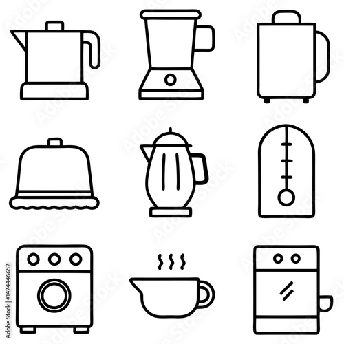 Outline Icons of Kitchen Appliances and Household Items